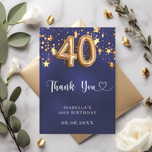 40th birthday navy blue gold stars thank you card