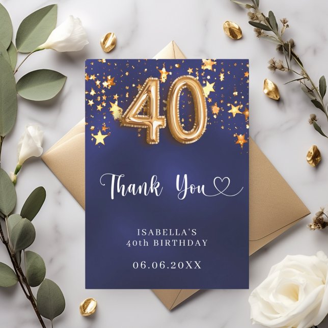 40th birthday navy blue gold stars thank you card (Creator Uploaded)