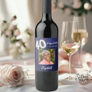40th Birthday navy blue photo Wine Label