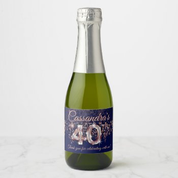 40th Birthday Navy Blue Rose Gold Glitter Cascade Sparkling Wine Label by glamprettyweddings at Zazzle