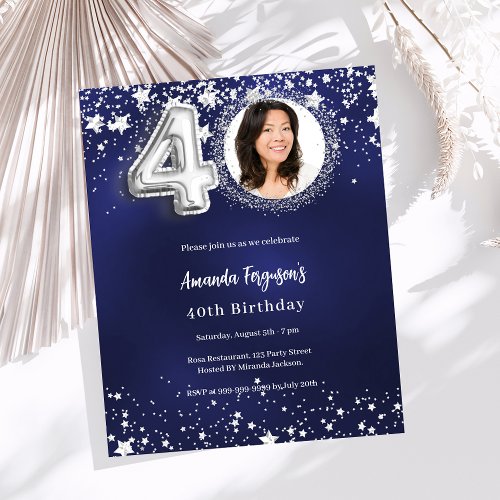 40th birthday navy blue silver photo invitation