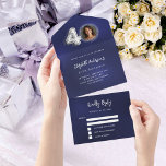 40th Birthday navy blue silver photo rsvp All In One Invitation<br><div class="desc">A navy blue background. The blue color is uneven.  Personalize and add a photo,  name,  party details,  RSVP date,  return address and name.  Number 40 is written with a balloon style font in faux silver.</div>