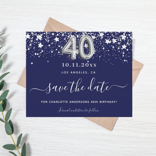 40th birthday navy blue silver save date budget flyer