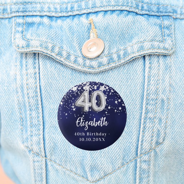 40th birthday navy blue silver stars button (Creator Uploaded)