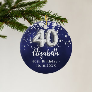 40th birthday navy blue silver stars ceramic ornament