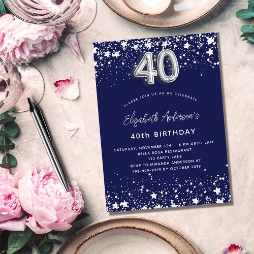 40th birthday navy blue silver stars luxury invitation