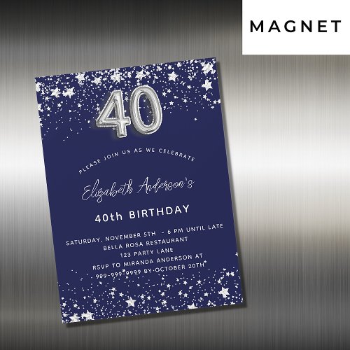 40th birthday navy blue silver stars luxury magnetic invitation