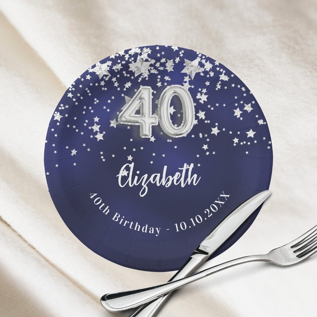 40th Birthday navy blue silver stars Paper Plates (Creator Uploaded)