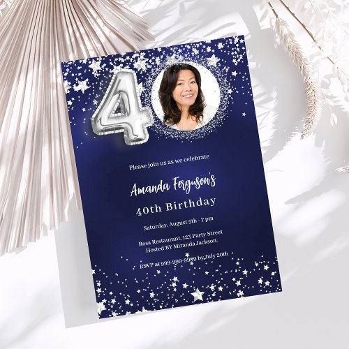 40th birthday navy blue silver stars photo invitation