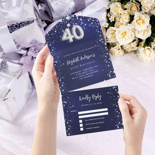40th Birthday navy blue silver stars rsvp All In One Invitation (Creator Uploaded)