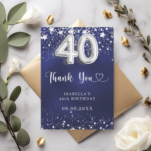 40th birthday navy blue silver stars thank you card