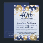 40th Birthday Navy Gold Balloons Party Invitation<br><div class="desc">A stylish40th birthday Party Invitation . Design features navy blue and gold balloons,  Gold glittery starts and navy blue text all on a pale blue gradient background. A lovely design inviting your guests to join you for a 40th birthday party celebration.   Easy to customize with your own party details.</div>