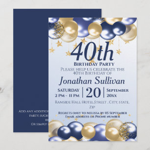 40th Birthday Navy Gold Balloons Party Invitation