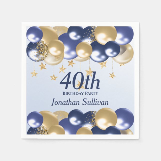 40th Birthday Navy Gold Balloons Party Napkins (Front)