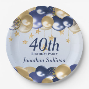 40th Birthday Navy Gold Balloons Party Paper Plates