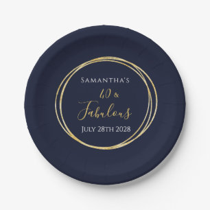 40th Birthday Navy Gold Birthday Party Paper Plates