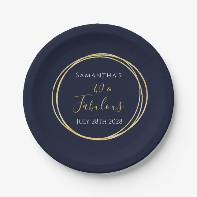 40th Birthday Navy Gold Birthday Party Paper Plates (Front)