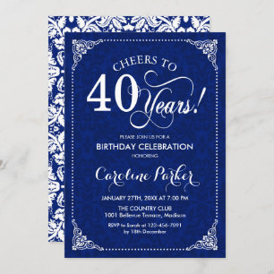 40th Birthday - Navy White Damask Invitation