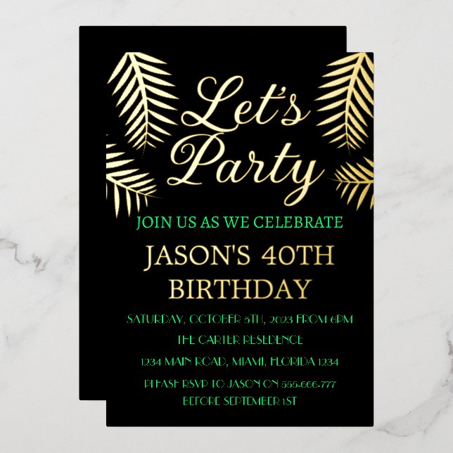 40th Birthday Neon Green Black Gold Foil QR Code Invitation (Front/Back)