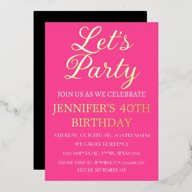 40th Birthday Neon Pink Black Gold Foil QR Code Fo Foil Invitation (Front/Back)