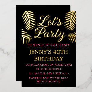 40th Birthday Neon Pink Black Gold Foil QR Code Invitation