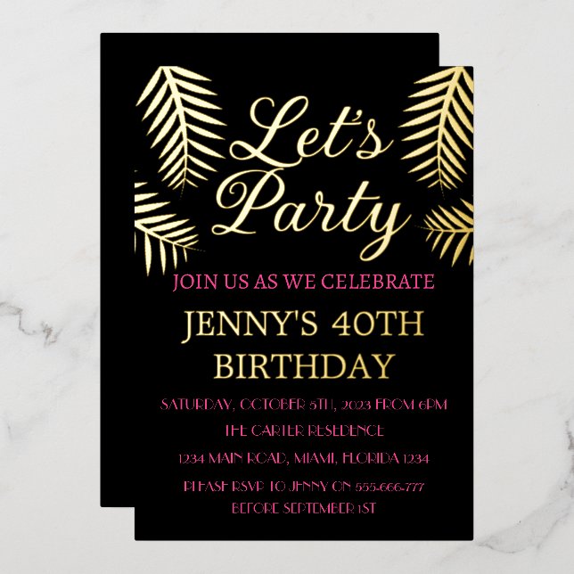 40th Birthday Neon Pink Black Gold Foil QR Code Invitation (Front/Back)