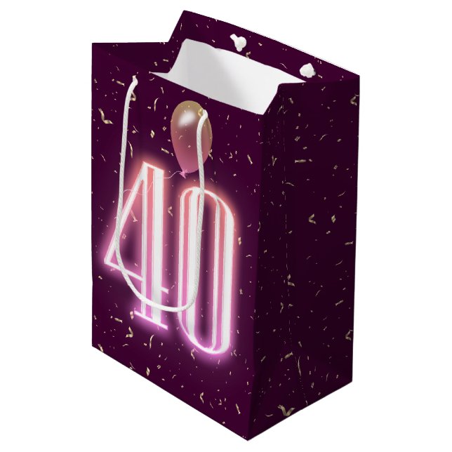 40th Birthday Neon Sign and Confetti Medium Gift Bag (Front Angled)