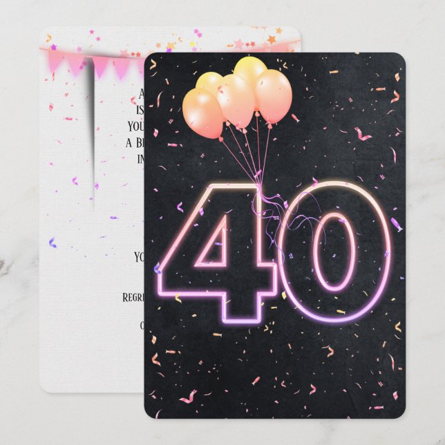 40th Birthday Neon Sign On Black Invitation (Front/Back)