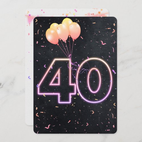 40th Birthday Neon Sign On Black Invitation