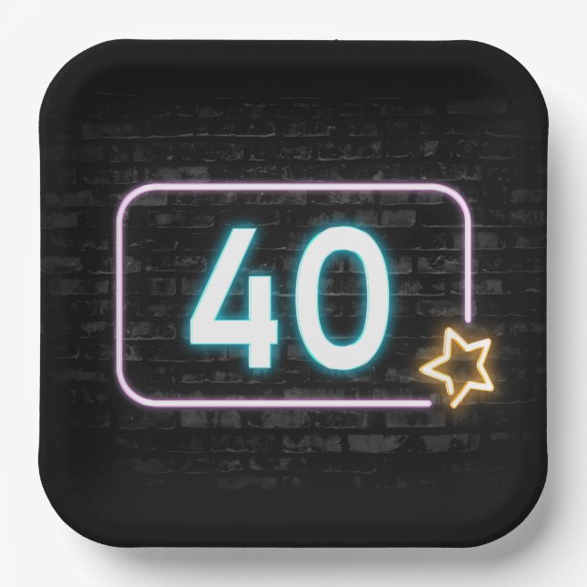 40th Birthday Neon Sign On Brick  Paper Plates (Front)