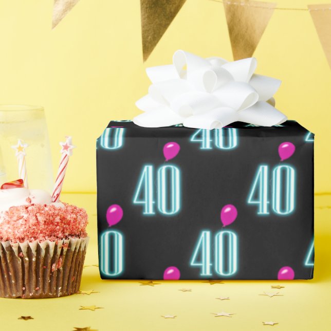 40th Birthday Neon Sign with Balloon   Wrapping Paper (Birthday Party)