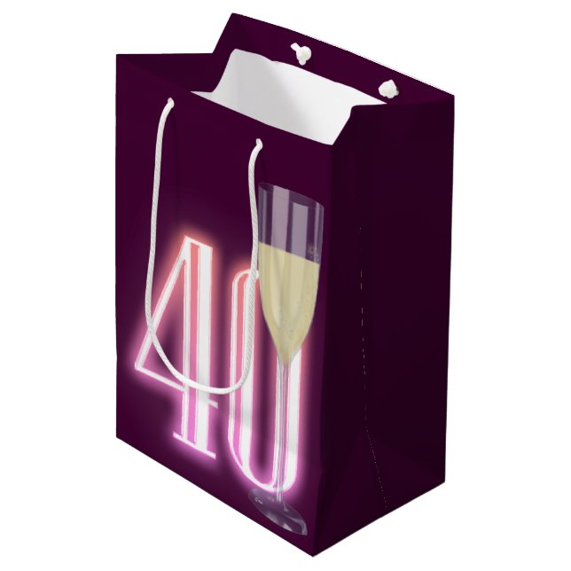40th Birthday Neon Sign with Wine    Medium Gift Bag (Front Angled)