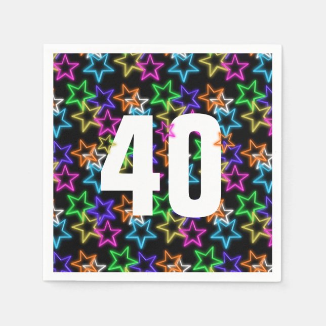 40th Birthday Neon Stars On Black  Napkins (Front)