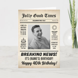 40th Birthday Newspaper, Add Photo, Personalized Card