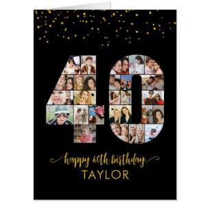 40th Birthday Number 40 Custom Photo Collage Black Card