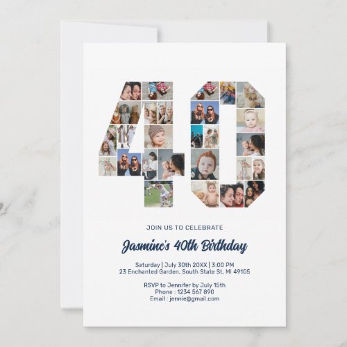 40th Birthday Number 40 Custom Photo Collage Invitation