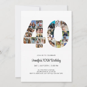 40th Birthday Number 40 Custom Photo Collage Invitation