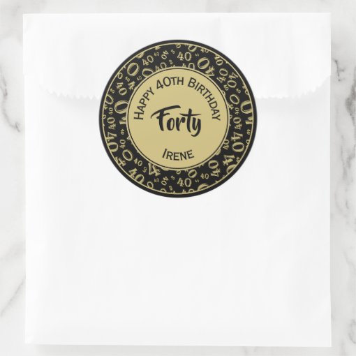 40th Birthday Number 40 Pattern Gold and Black Classic Round Sticker ...