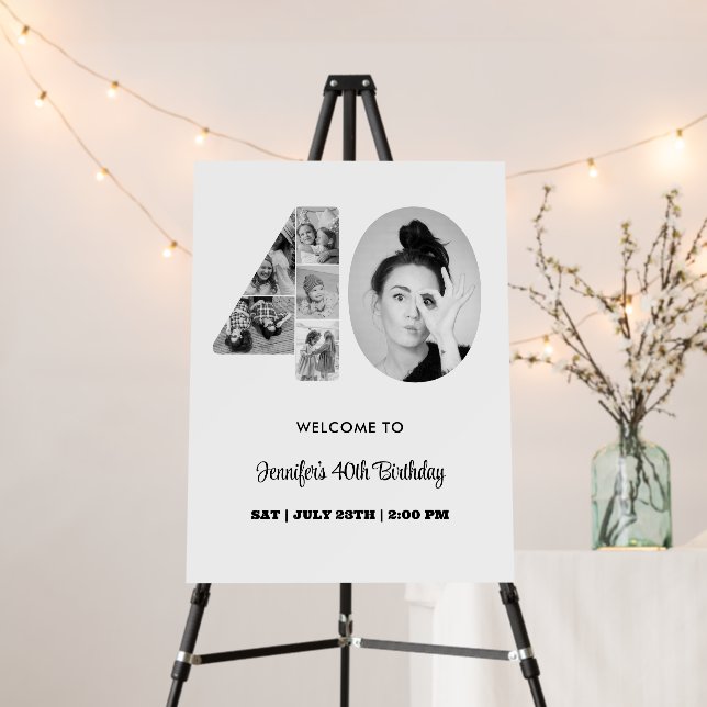 40th Birthday Number 40 Photo Collage Black White Foam Board (In Situ (Stand))