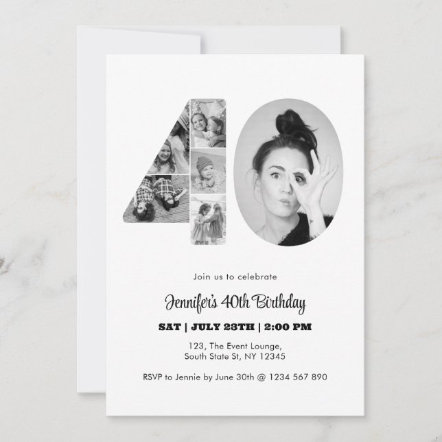 40th Birthday Number 40 Photo Collage Black White Invitation (Front)