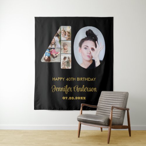 40th Birthday Number 40 Photo Collage Modern Black Tapestry