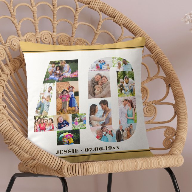 40th Birthday Number 40 Photo Collage Neutral Throw Pillow (Creator Uploaded)