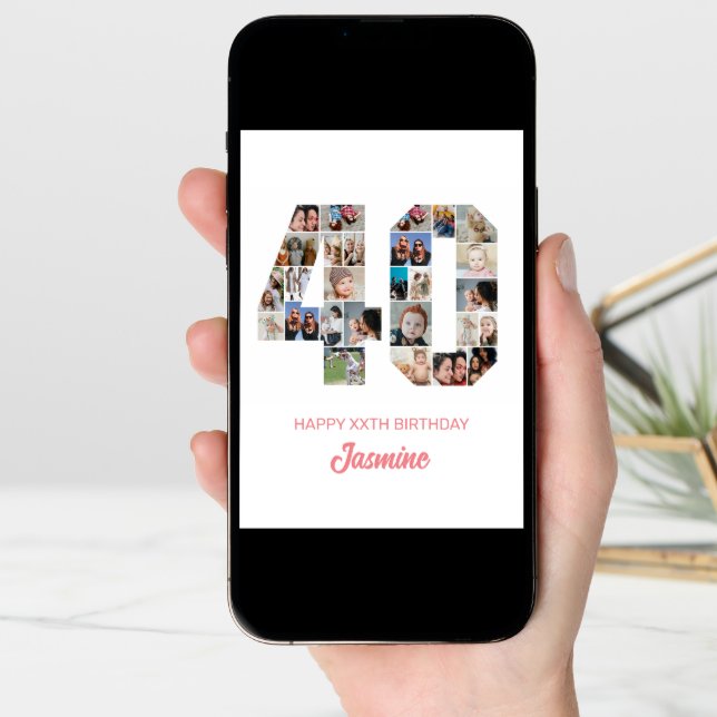 40th Birthday Number 40 Photo Collage Personalized Card (Front Digital)