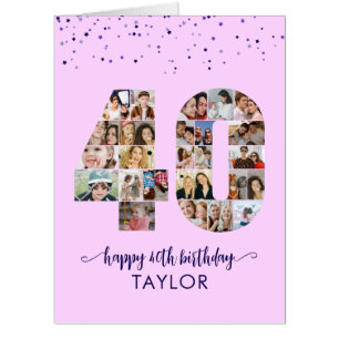 40th Birthday Number 40 Photo Collage Purple Card