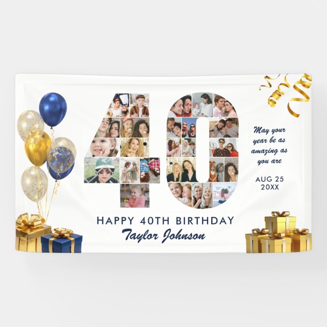 40th Birthday Number 40 Photo Collage White Gold Banner (Horizontal)