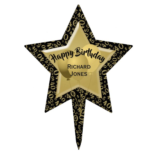 40th Birthday Number Pattern Gold and Black Star Cake Topper (Front)