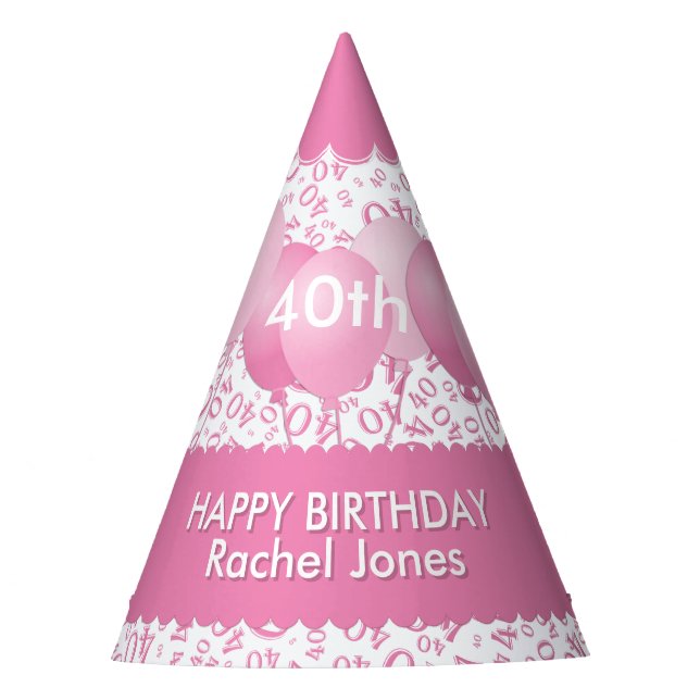 40th Birthday Number Pattern Pink/White Scallops Party Hat (Front)