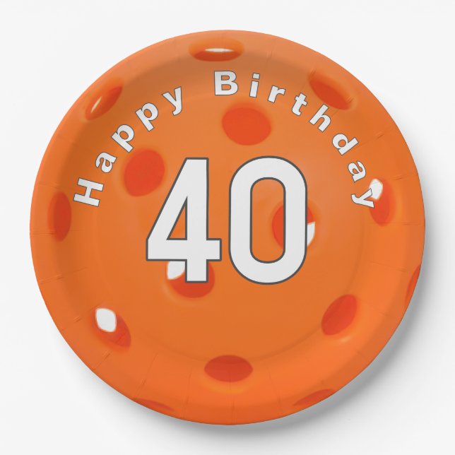 40th Birthday Orange Pickleball Paper Plates (Front)