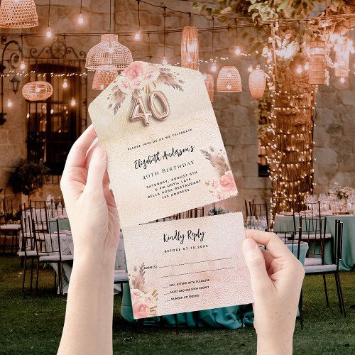40th birthday pampas grass rose pink florals RSVP All In One Invitation