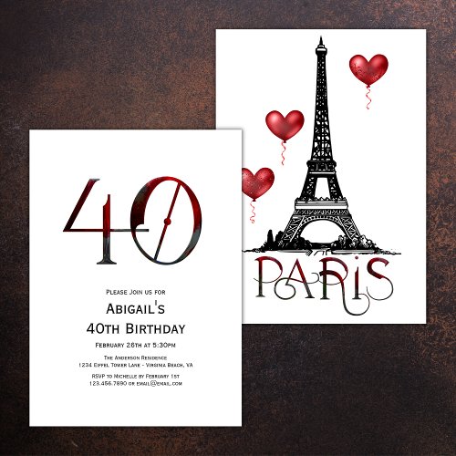 40th Birthday Paris Eiffel Tower Red Balloons Invitation